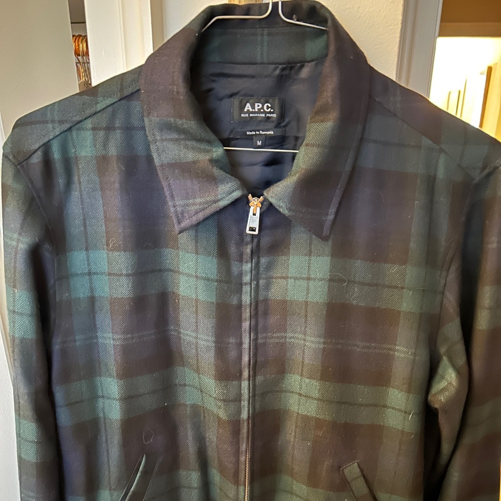 APC zip up wool plaid bomber.